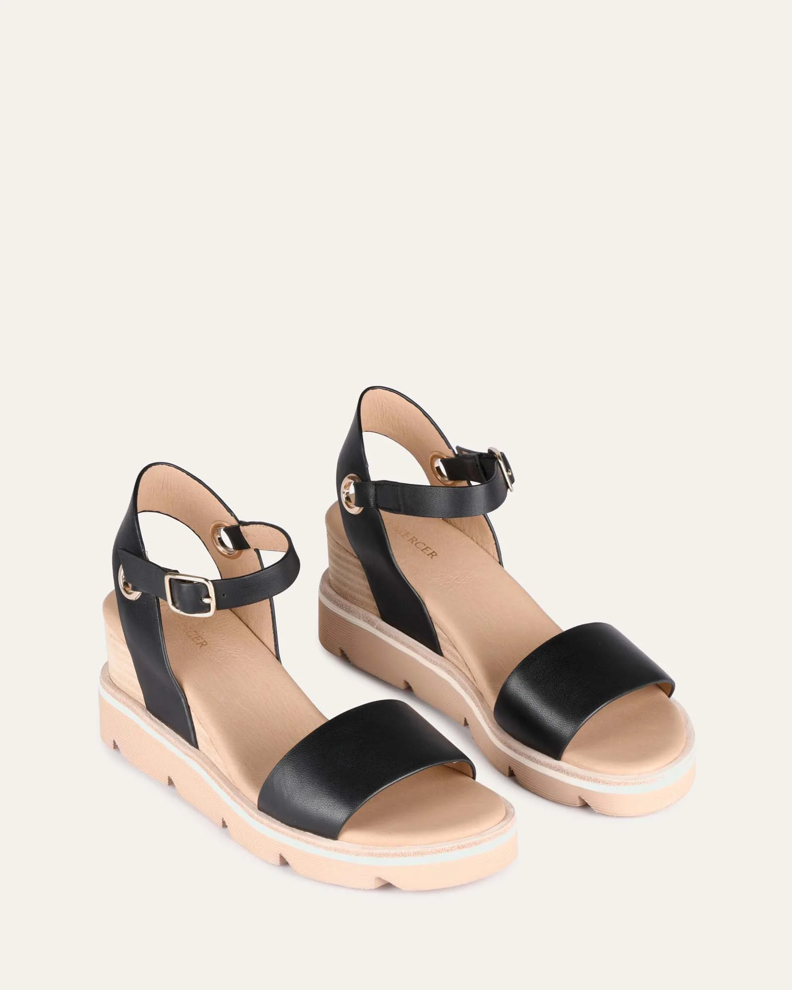 KATIE MID HEEL WEDGE SANDALS BLACK LEATHER - Image 3